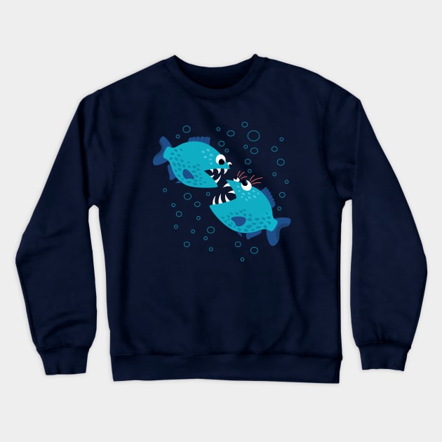 Funny Gossiping Blue Piranha Fish Crewneck Sweatshirt by Boriana Giormova